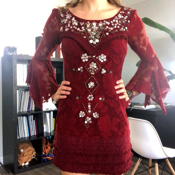 Free People Red Boho Sequin Ruffle Dress - Picture 11 of 16